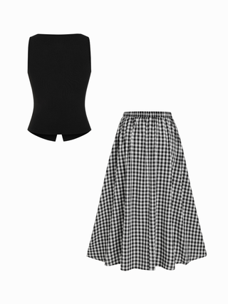 Cotton Button Top &  Gingham A-line Maxi Skirt Set