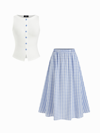Cotton Button Top &  Gingham A-line Maxi Skirt Set