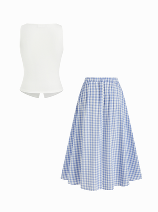 Cotton Button Top &  Gingham A-line Maxi Skirt Set