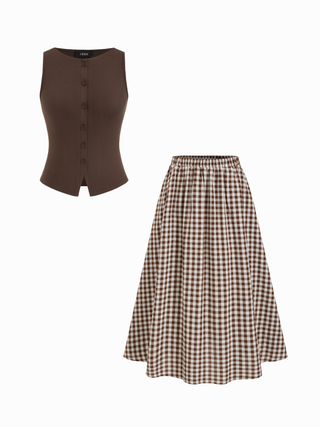 Cotton Button Top &  Gingham A-line Maxi Skirt Set