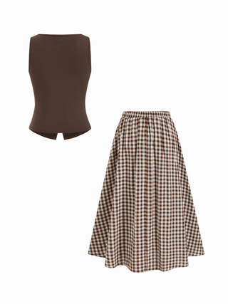 Cotton Button Top &  Gingham A-line Maxi Skirt Set