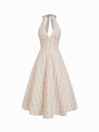 Halter Neckline Floral Lace Up Backless Maxi Dress