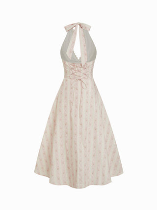 Halter Neckline Floral Lace Up Backless Maxi Dress