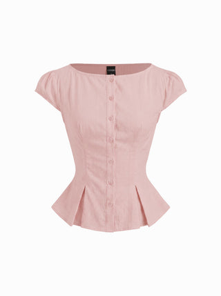 Cotton-blend Textured Boat Neck Puff Sleeve Button Through Peplum Blouse