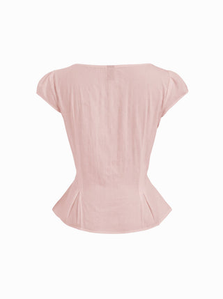 Cotton-blend Textured Boat Neck Puff Sleeve Button Through Peplum Blouse