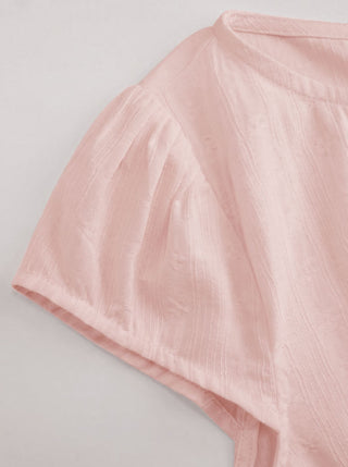 Cotton-blend Textured Boat Neck Puff Sleeve Button Through Peplum Blouse