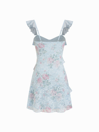 Lace Floral Sweetheart Neck Ruffle Trim Cami Mini Dress