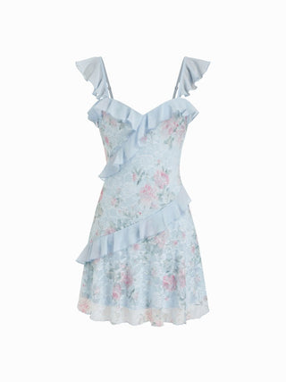 Lace Floral Sweetheart Neck Ruffle Trim Cami Mini Dress