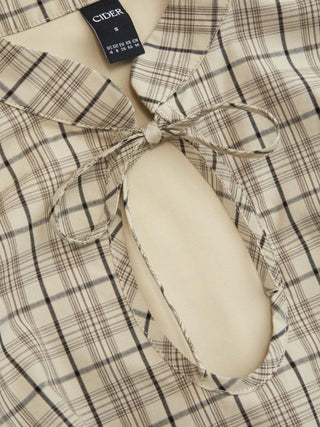 Cotton Gingham Mandarin Collar Puff Sleeve Bowknot Blouse