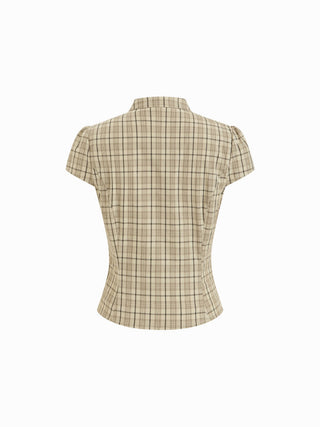 Cotton Gingham Mandarin Collar Puff Sleeve Bowknot Blouse