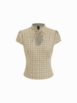 Cotton Gingham Mandarin Collar Puff Sleeve Bowknot Blouse