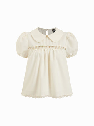 Cotton-blend Floral Peter Pan Collar Puff Sleeve Lace Insert Babydoll Blouse