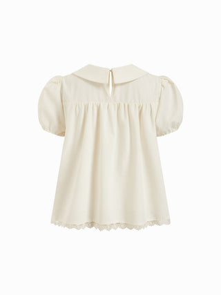 Cotton-blend Floral Peter Pan Collar Puff Sleeve Lace Insert Babydoll Blouse