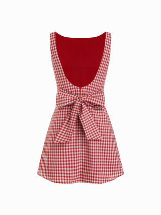 Linen-blend Boat Neck Solid Knotted Backless Mini Dress