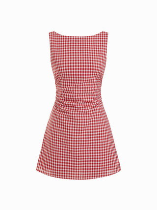 Linen-blend Boat Neck Solid Knotted Backless Mini Dress