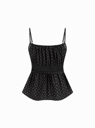 Cotton Stripe V-Neck Lace Panel Button Tie Back Peplum Cami Top