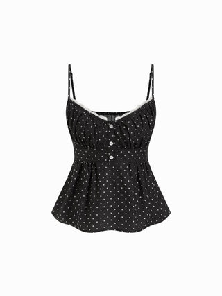 Cotton Stripe V-Neck Lace Panel Button Tie Back Peplum Cami Top