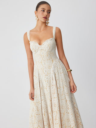 Cotton-blend Textured Lace Sweetheart Neck Flared Midi Dress