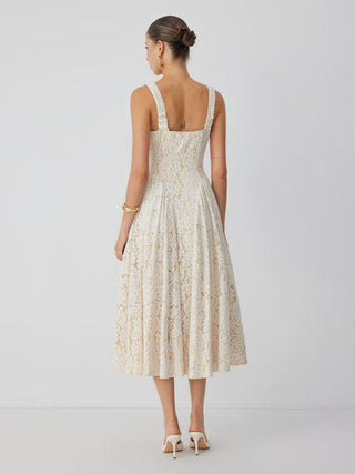 Cotton-blend Textured Lace Sweetheart Neck Flared Midi Dress