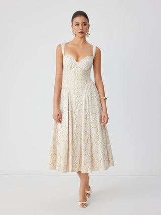 Cotton-blend Textured Lace Sweetheart Neck Flared Midi Dress