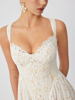 Cotton-blend Textured Lace Sweetheart Neck Flared Midi Dress