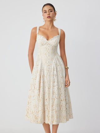 Cotton-blend Textured Lace Sweetheart Neck Flared Midi Dress