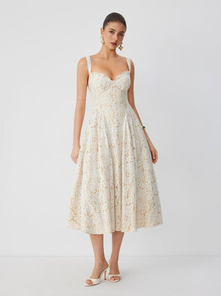 Cotton-blend Textured Lace Sweetheart Neck Flared Midi Dress