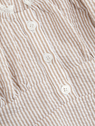 Cotton Stripe V-Neck Lace Panel Button Tie Back Peplum Cami Top