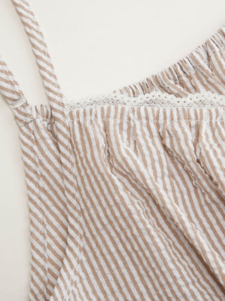 Cotton Stripe V-Neck Lace Panel Button Tie Back Peplum Cami Top