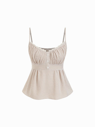Cotton Stripe V-Neck Lace Panel Button Tie Back Peplum Cami Top