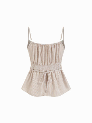 Cotton Stripe V-Neck Lace Panel Button Tie Back Peplum Cami Top