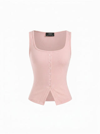 Cotton Scoop Neck Button Front Asymmetrical Hem Crop Top