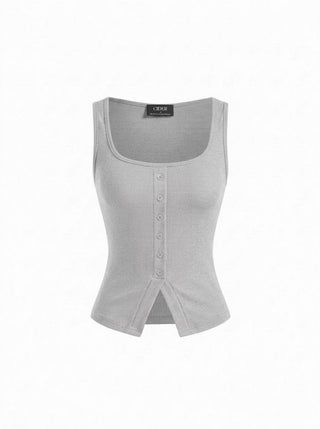 Cotton Scoop Neck Button Front Asymmetrical Hem Crop Top