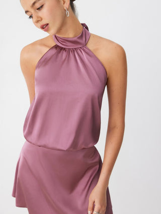 Satin Halter Neckline Backless Mini Dress