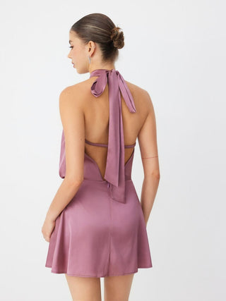 Satin Halter Neckline Backless Mini Dress