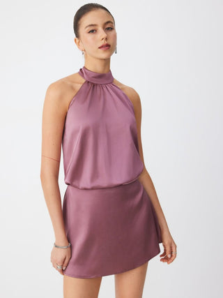 Satin Halter Neckline Backless Mini Dress
