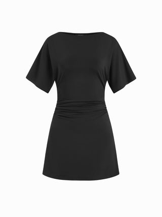 Boat Neck Short Sleeve Ruched A-line Mini Dress
