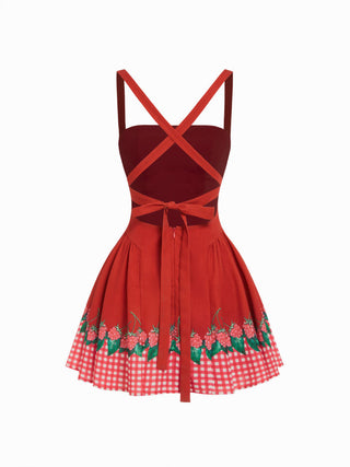 Gingham Fruit Print Knotted Crisscross Back Mini Dress