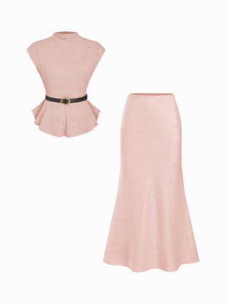 Stand Collar Cinched Waist Top With Belt & Zipper Mermaid Maxi Skirt Set