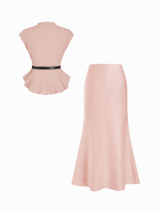 Stand Collar Cinched Waist Top With Belt & Zipper Mermaid Maxi Skirt Set