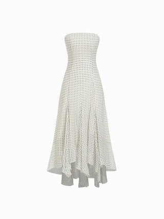 Chiffon Halter Neckline Polka Dot Ruffled Hem Ruched Maxi Dress