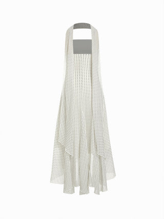 Chiffon Halter Neckline Polka Dot Ruffled Hem Ruched Maxi Dress