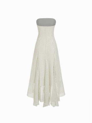 Chiffon Halter Neckline Polka Dot Ruffled Hem Ruched Maxi Dress