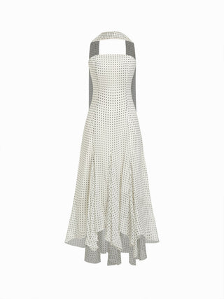 Chiffon Halter Neckline Polka Dot Ruffled Hem Ruched Maxi Dress