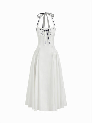 Linen-blend Halter Neckline Bowknot Contrast Binding Draped Flared Maxi Dress
