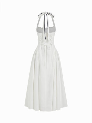 Linen-blend Halter Neckline Bowknot Contrast Binding Draped Flared Maxi Dress