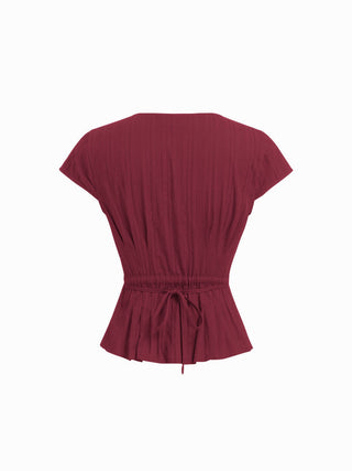 Cotton V-Neck Button Front Peplum Top & Mid Rise A-line Maxi Skirt Set With Belt