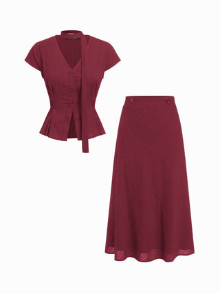 Cotton V-Neck Button Front Peplum Top & Mid Rise A-line Maxi Skirt Set With Belt
