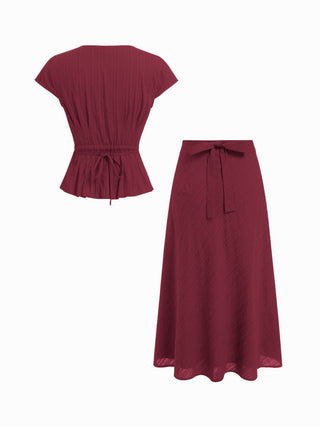 Cotton V-Neck Button Front Peplum Top & Mid Rise A-line Maxi Skirt Set With Belt