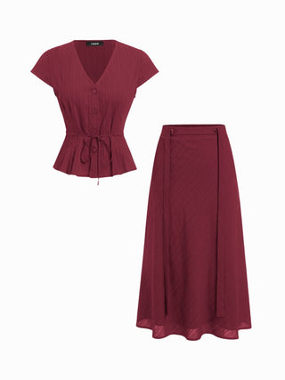 Cotton V-Neck Button Front Peplum Top & Mid Rise A-line Maxi Skirt Set With Belt